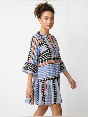 THML Blue White Striped Geometric Trim Top